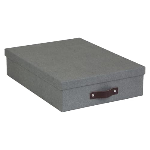 Image of Bigso Box of Sweden Document Box for A4 paper, Brochures and Notes - Box with Lid and Leather Handle - Fibreboard and Paper Box Storage with Lid - Grey