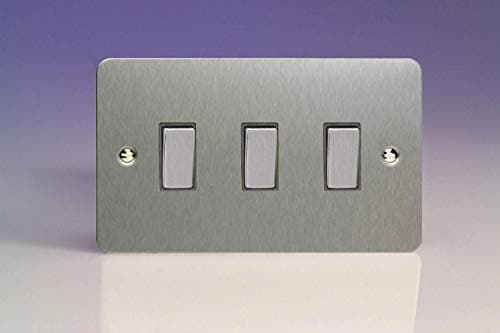 Image of Varilight XFS93D Ultraflat 3 Gang 2 Way Switch with Metal Rocker - Brushed Steel, 89x149x25mm