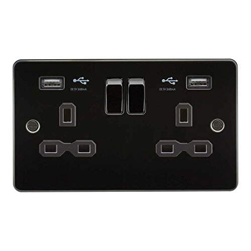 Image of Knightsbridge FPR9224GM Flat Plate Switched Socket with 2.4 A Dual USB Charger, Gunmetal with Black Insert, 13 A, 2G