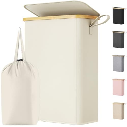 Image of Lifewit 50L Slim Laundry Basket with Lid, Narrow Laundry Bin with Removable Bag & Bamboo Handles, Foldable Thin Dirty Clothes Hamper for Laundry, Bathroom, Bedroom, Dorm (White)