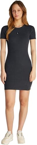 Image of Calvin Klein Women’s Washed Woven Label Ribbed Short Bodycon Dress, Grey (Washed Black), L