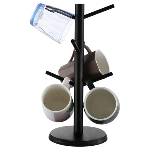 Image of ASelected Mug Tree Coffee Cup Holder Black Bamboo Cup Holder Tree for Kitchen Tabletop Countertop Pantry Holds 6 Mugs