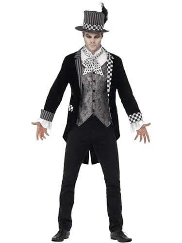 Image of Smiffys Deluxe Dark Hatter Costume, Black with Jacket, Mock Shirt & Top Hat, Halloween Twisted Fairytale Fancy Dress, Adult Dress Up Costumes