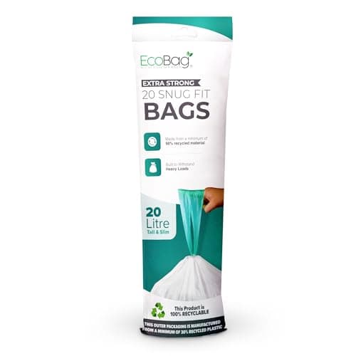 Image of EcoBag - 20 Pack White Kitchen Drawstring Bin Liner - 20L - 24 Microns - Heavy Duty, Extra Strong, Brabantia Compatible, Eco-Friendly, Tear Resistant, Clear Recycling Bags (420 x 760mm)