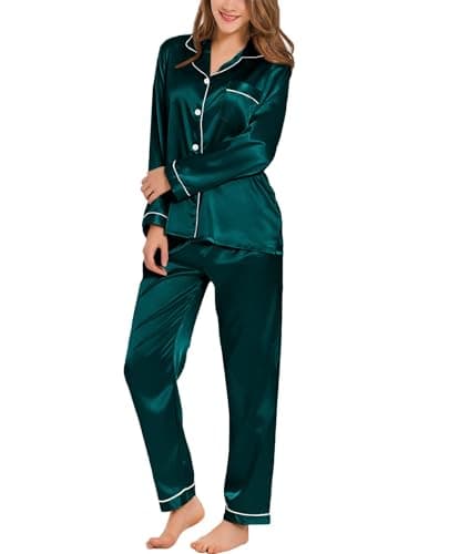 Image of SWOMOG Women's Pyjama Set Silk Satin Long Sleeve Button Down Pyjamas Two Piece Comfy Sleepwear and Loungewear Set Deep Green