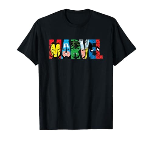 Image of Marvel Logo Classic Avengers & Spider-Man Retro Comic Art T-Shirt