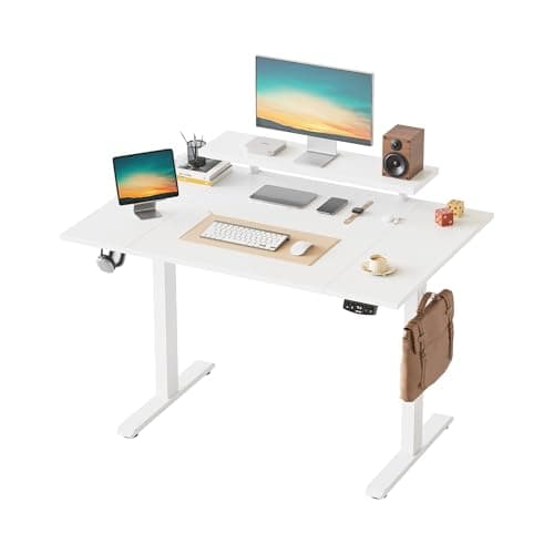 Image of Klicelor Electric Height-Adjustable Desk with Movable Monitor Stand, 120 x 80 cm Sit-Stand Desk with 2 Memory Buttons and 4-Piece Table Top, Computer Desks, White