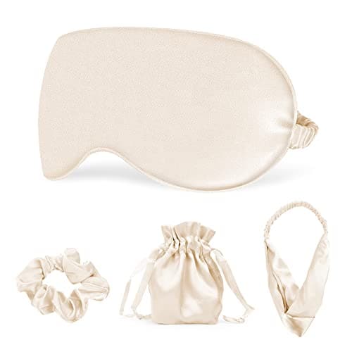 Image of Sleep Masks Silk Sleep Eye Mask Travel Set Soft Sleeping Eye Mask with Hair Scrunchie Head Band and Travel Pouch for Girls Ladies 4 Pcs Apricot