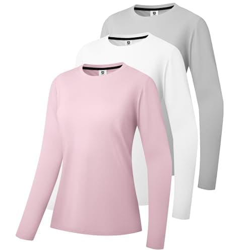 Image of 3 Pack Women's Cotton Long Sleeve T-Shirts Round Neck Moisture Wicking Shirts Comfortable Casual Tops Grey/White/Pink-03-S