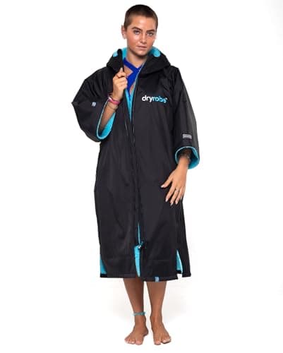 Image of Dryrobe Advance SHORT SLEEVE Waterproof Changing Robe - Oversized Coat with Fleece Lining - Hooded Jacket for Beach, Cold Water Wild Swimming, Surfing - Unisex, Men, Women & Kids - Medium - Black/Blue