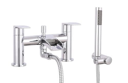 Image of VeeBath Stream Round Waterfall Bath Shower Mixer Tap – Chrome Finish Double Lever, Deck Mounted Bathroom Tap, Includes Round Showerhead & Kit, Modern Bath Mixer Tap with G3/4" BSP Inlet