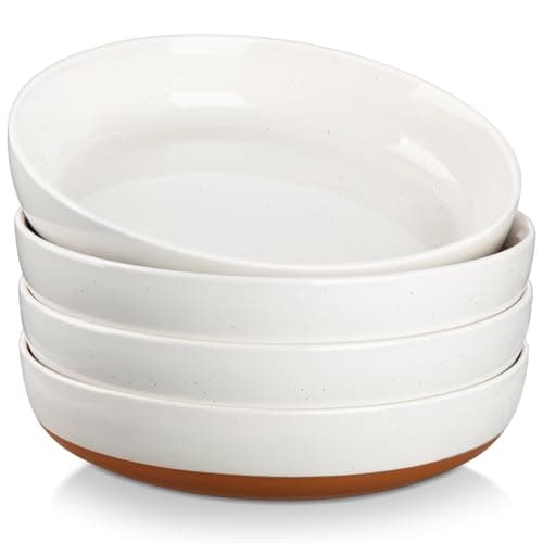 Image of MALACASA Pasta Bowls Set of 4, Large Pasta Bowls, Ceramic Soup Bowls, 48 OZ, 9 inch, Microwave and Dishwasher Safe, White and Brown, Serie Tara