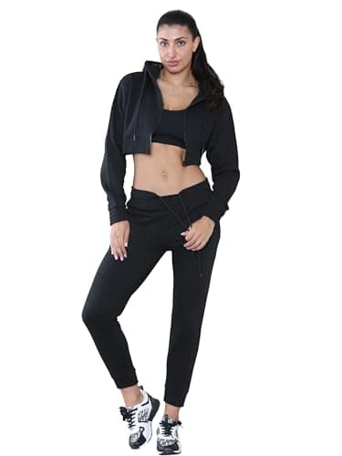Image of BRAND KRUZE Womens Tracksuit Set Long Sleeve Crop Zip Up Hoodie and Casual Joggers Loungewear Set KZLT142 CROP_SUIT BLACK XL