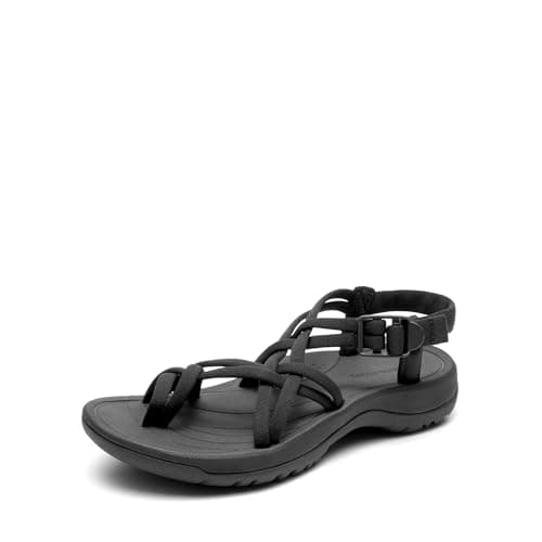 Image of DREAM PAIRS Women's Walking Sandals with Arch Support Elastic Strap Summer Sport Athletic Casual Hiking Outdoor Sandal,Size 5,All Black,DWUMST2510