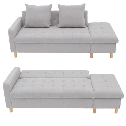 Image of Hroth 3 Seater Sofa with Storage, Teddy Fleece Fabric, 5-Position Adjustable Backrest, Pull Out Couch Bed for Small Spaces, Light Grey