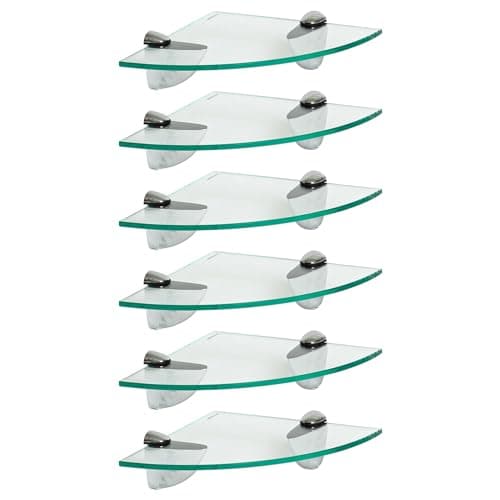Image of Harbour Housewares Floating Glass Wall Corner Shelves - 20cm - Pack of 6 - Shelving Storage Vanity Display Shelf Unit with Silver Brackets for Bathroom, Shower, Kitchen, Living Room