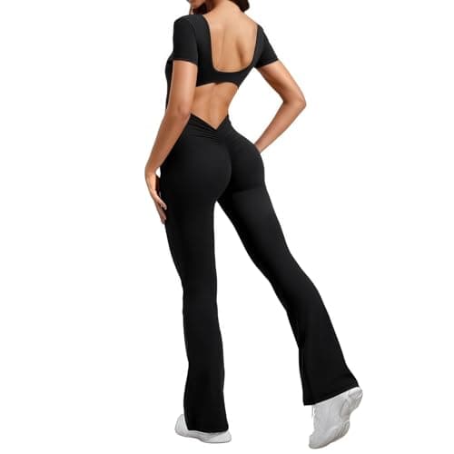 Image of SamHeng Gym Jumpsuit for Women Short Sleeve Scrunch Backless Playsuit Square Neck Flared Wide Leg Yoga Bodysuit Slim Fit Casual Full Length Jumpsuits Romper Workout Going Outfits Sportswear M
