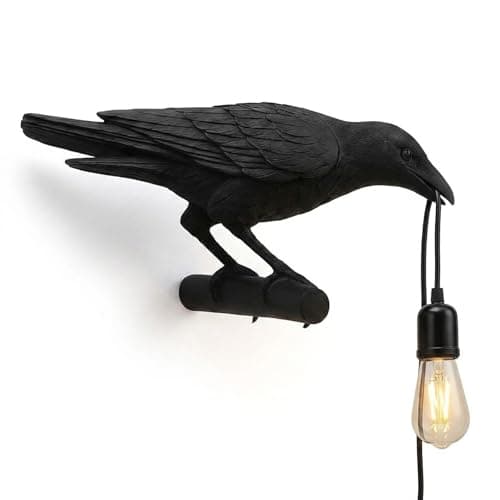 Image of Black Birds Wall Lamps Resin Crow Desk LED Lamp E27 Base Modern Raven Art Deco Bedside Decor Plug in Cord Wall Lamps for Bedroom, Office, College Dorm, Right Black Wall