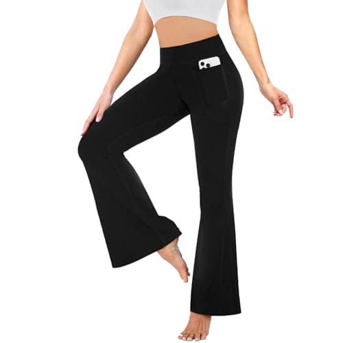 Image of Fiohiros Flared Leggings Women with Pockets, High Waist Tummy Control Bootcut Pants, Stretchy Yoga Leggings for Yoga Gym Workout (UK, Alpha, M, Regular, Regular, Black)