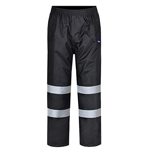 Image of AYKRM Hi Viz 2 Band Reflective Tape Waterproof Rain Hi Vis Safety Over Trouser Work Elasticated Waistband Bottoms Workwear Pants High Visibility Pants Trousers (Black, L)