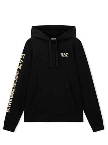 Image of Emporio Armani EA7 Men's Hooded Sweatshirt with Logo Series in Lightweight Cotton, Black/Gold, XL