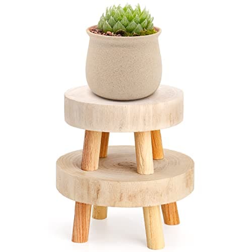 Image of TOPZEA Set of 2 Mini Wooden Plant Stand, Plant Stand Indoor Short Wood Riser Stool Display Decorative Boho Small Pedestal Stand Counter Potted Planter Holder Risers for Candle, Dessert, Gnome