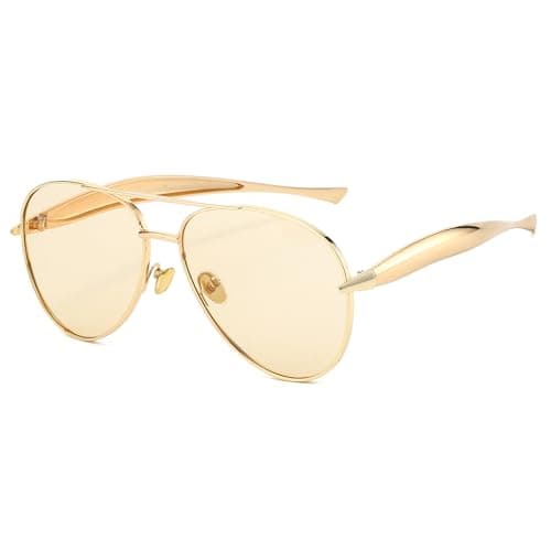 Image of Long Keeper Retro Pilot Sunglasses for Women Men Gold Metal Oversized Aviation Sunglasses Trendy 70s Double Bridge Sun Glasses Anti UV400 Classic Vintage Shade (Gold Frame - Champagne Lens)