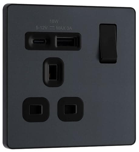 Image of BG Electrical 18W Single Switched Power Plug Wall Socket with Type A USB and Type C USB Charging Ports, Fast Charge, Screwless Front Plate, Evolve, Matt Grey, 13A, PCDMG21UAC18B