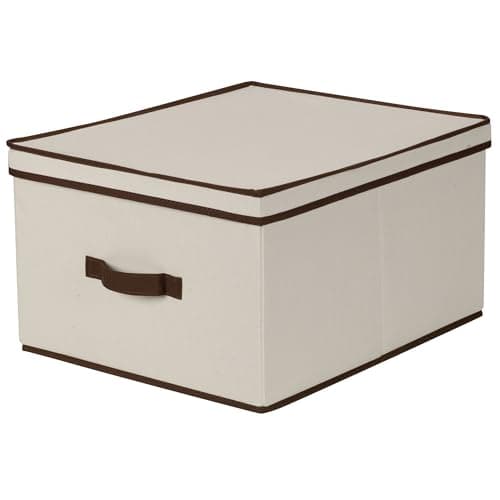 Image of Household Essentials Jumbo Fabric Storage Box with Lid and Handle, Natural Canvas with Brown Trim