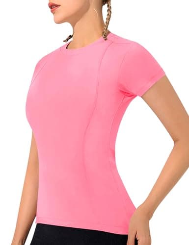 Image of IECCP Running Top Womens Short Sleeve T Shirts Athletic Workout Tee Tops for Gym Sport Top Quick Drying Outdoor Hiking Tops Ladies Running Tee Shirts Bright Pink XS