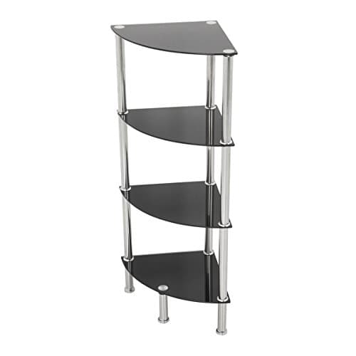 Image of MAHARA 4 Tier Chrome Effect Black Corner Glass Shelving Unit - Tempered Safety Glass Shelves Max 5kg - Storage Unit W41cm x D30cm x H86.5cm - Bedroom Storage/Living Room Accessories/Home Accessories