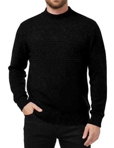 Image of MLANM Mens Sweater Casual Crew Neck Pullover Textured Knit Sweaters Mens Knit Jumper Thick Weave Pullover Winter Long Sleeve Warm Turtle Neck Ribbed Knitted Jumper, Black XL