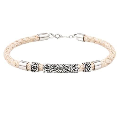 Image of 925 Sterling Silver Filigree Leather Bracelet for Women Handmade Beige Designer Jewellery Dainty Elegant Bracelet for Gifts and for Parties Minimalist Fashion Statement