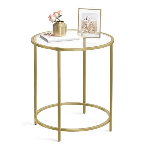 Image of VASAGLE Round Side Table, Small Coffee Table, Tempered Glass End Table with Steel Frame, Bedside Table, Living Room, Balcony, Metallic Gold and Transparent LGT20G