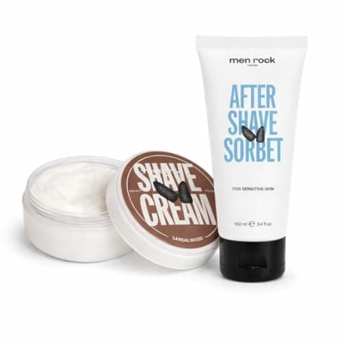 Image of Men Rock Shave Cream & Aftershave Balm Bundle – Sandalwood Hydrating Shave Cream & Sensitive Unscented Aftershave Balm, Soothes Razor Burn & Ingrown Hair, Cruelty Free, 2 × 100 ml