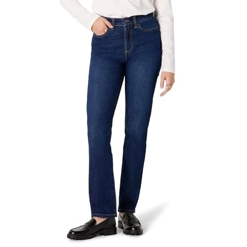 Image of Amazon Essentials Women's High-Rise Straight Leg Jeans, Dark Shadow Wash, 16