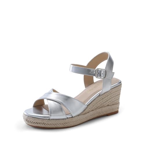Image of DREAM PAIRS Womens Open Toe Espadrilles Dressy Platform Sandals Slip on Elastic Ankle Strap Wedges Sandals,Size 5,Silver-Metallic,SDPW2408W