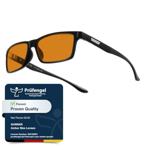Image of Gunnar Gaming and Computer Eyewear | Vertex, Frame Colour: Onyx, Amber MAX Tint (98% Blue Light Protection & 100% UV Light) | Blue Light Blocking Glasses | Patented lens | Reduce eye strain & dryness