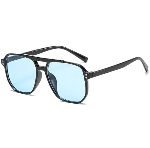 Image of No Name Ltd Celeb Style See Through Lightly Tinted Sunglasses, Oversized Black Rectangle Frame, Blue Tint Lens, Lightweight, for Womens Man Retro Vintage UK 2026 NEW