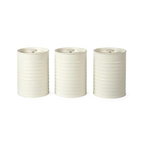Image of Russell Hobbs Ribbed 3-Piece Canister Set – Set of 3 Kitchen Storage Canisters for Tea, Coffee and Sugar, Durable Powder-Coated Steel, Pull Top Lids, Easy to Clean, Ribbed Design, Cream