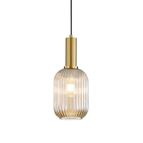 Image of HJXDtech Amber Glass Pendant Light, Vintage Island Pendant Light Fixture in Gold Finish, Height Adjustable Ceiling Hanging Lamp for Kitchen Dining Room Bedroom, E27 Base (13cm)