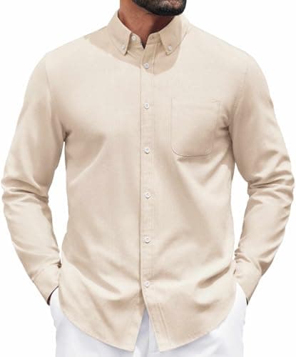 Image of COOFANDY Mens Oxford Shirts Casual Button Down Shirt Long Sleeve Untucked Shirt Regular Fit Dress Shirts, Beige, XL