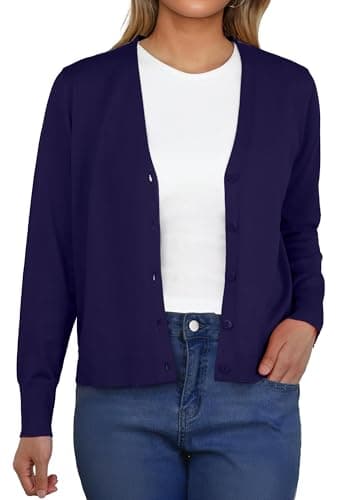 Image of GRECERELLE Women's Lightweight Cardigan Jumper V-Neck Long Sleeve Casual Ladies Cardigans with Buttons Knitwear for Summer Evening (Navy Blue, M)
