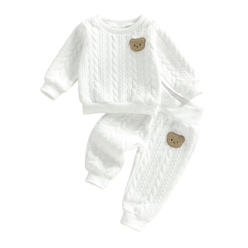 Image of Vioyavo Toddler Baby Boys Fall Winter Clothes Bear Embroidered Long Sleeve Pullover Hoodie Elastic Waist Jogger Pants 2Pcs Tracksuit Outfit (White, 6-9 Months)