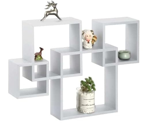 Image of PREMZO Wall mounted shelf Rack Interlocking Wall 4 Cube Floating shelves Decorative Multi-Level Display Organize Bookshelf Home Office Kitchen Living Room Hall Entryway (White)