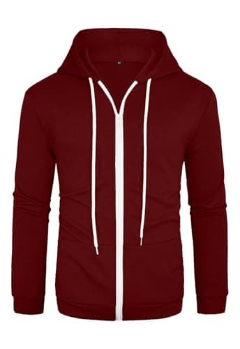 Image of AIYINO Men's Hoodies Full Zipper Pullover Casual Hooded Sweatshirt Contrast Color Top Drawstring Casual Hoody with Kanga Pocket L Wine Red