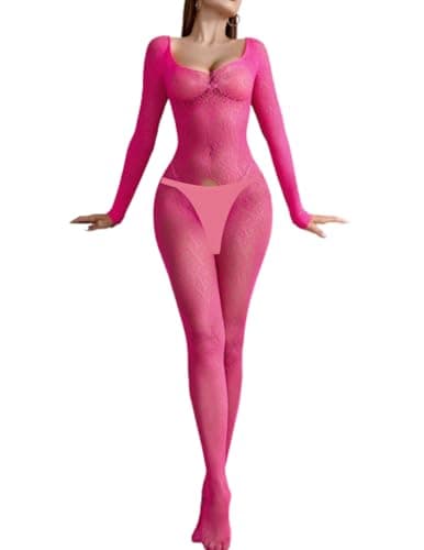 Image of PARUPRUP Women's Fairy Fishnet Mesh Bodystocking Sexy Sheer See Through Lace Lingerie Set One Piece Bodysuit Deep V Neck Hollow Out Jumpsuit Tights Babydoll Teddy Underwear (Rose Red, One Size)