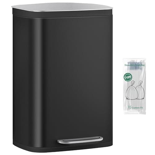 Image of Hzuaneri Kitchen Bin 50 L, Pedal Bin with Soft-Close Lid, Stainless Steel Rubbish Bin with Handle, Removable Inner Buckets, 15 Inner Buckets, Black SW15099B