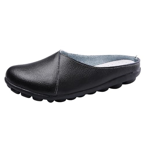 Image of Mules Shoes for Women Size 6 Soft Leather Wide Fit Walking Mule Sandals Ladies Mules Open Back Indoor Outdoor Nursing Shoes Backless Slip on Shoes A/Black