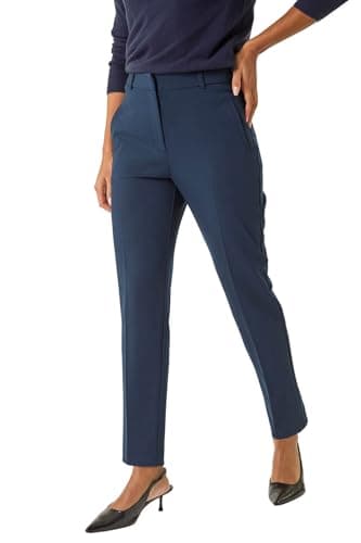 Image of Roman Straight Leg Stretch Trousers for Women UK Ladies Work Office Smart Suit Pants Slacks Cigarette Tailored High Elasticated Waist Ankle Grazer Slim Angela - Regular Navy (28 inch) - Size 12